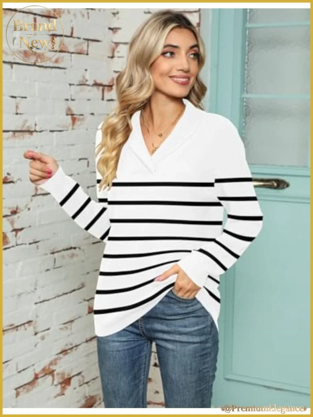 Women V-Neck Long Sleeve Pullover Sweater Oversized Knit Top